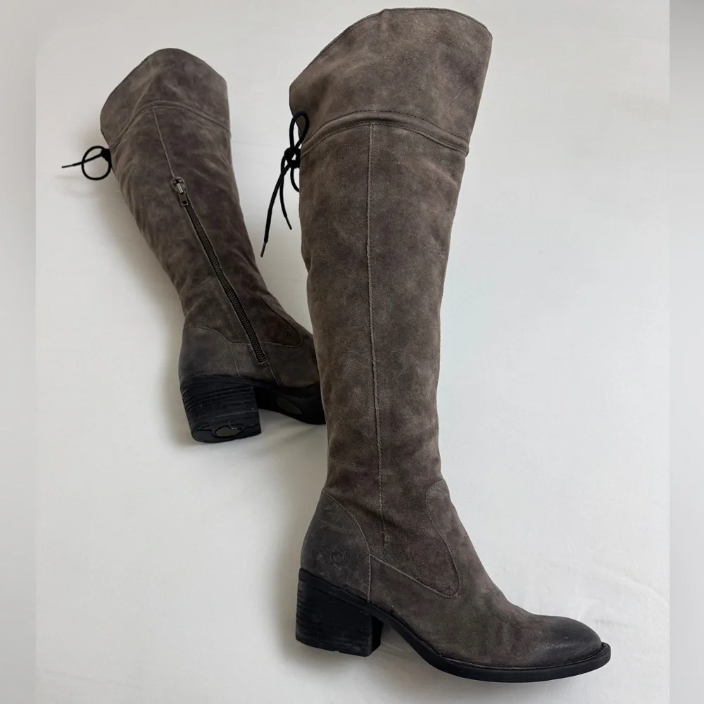 Born Gray Tall Suede Over The Knee Riding Boots Block heel Side Zip Size 7